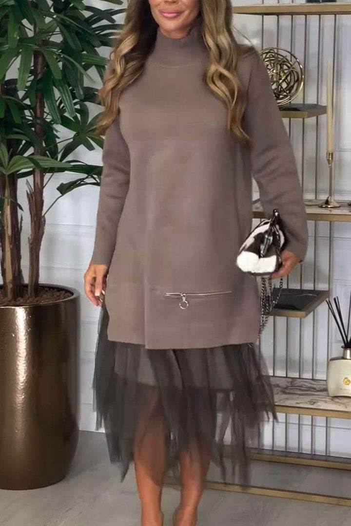 Mid-length pullover top and mesh skirt set