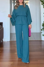 Rhinestone long-sleeved top and wide-leg pants set