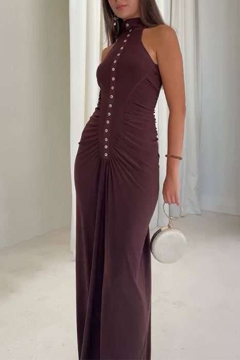 Sleeveless half-high collar multi-button slim-fit long dress