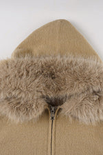 Khaki fuzzy dual-separating zipper hooded sweater cardigan