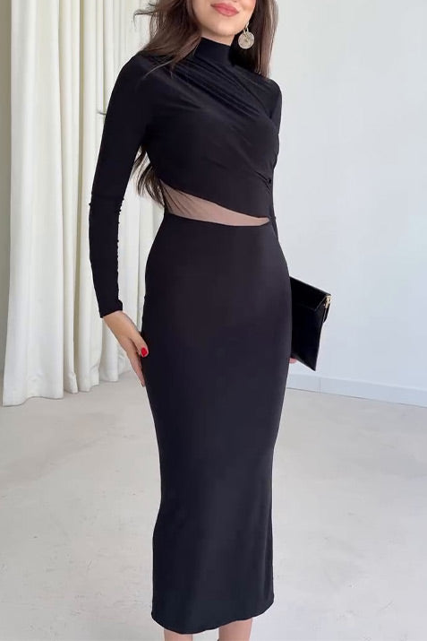 Solid color long sleeve high collar exposed waist hip slim dress