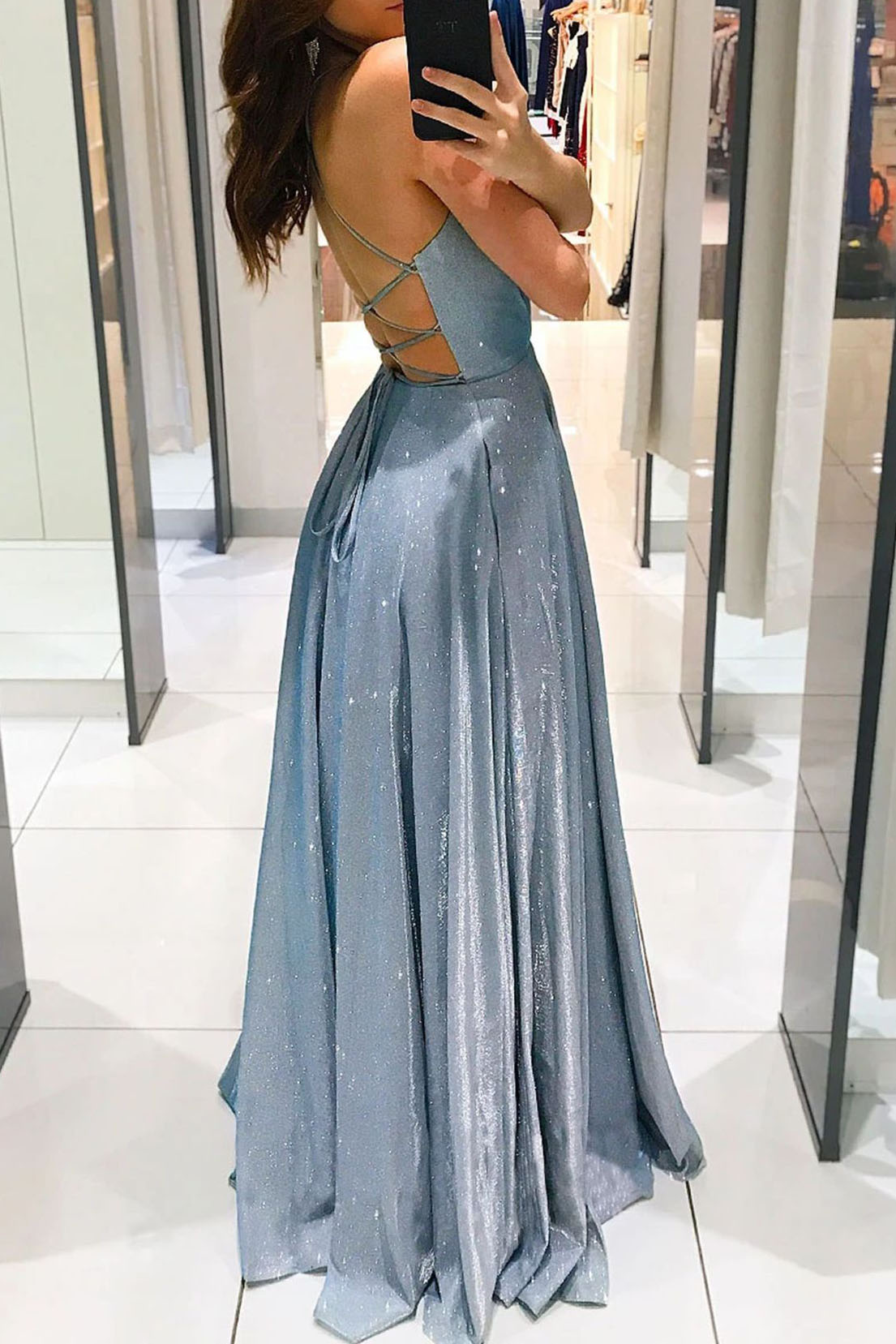 Deep V-neck Pockets Spaghetti Strap Backless Dress