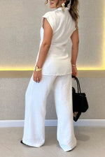 Tie-waist short-sleeved shirt and high-waisted pants two-piece set