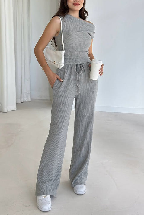Sleeveless slant collar vest top loose straight pants two-piece set