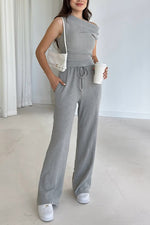 Sleeveless slant collar vest top loose straight pants two-piece set