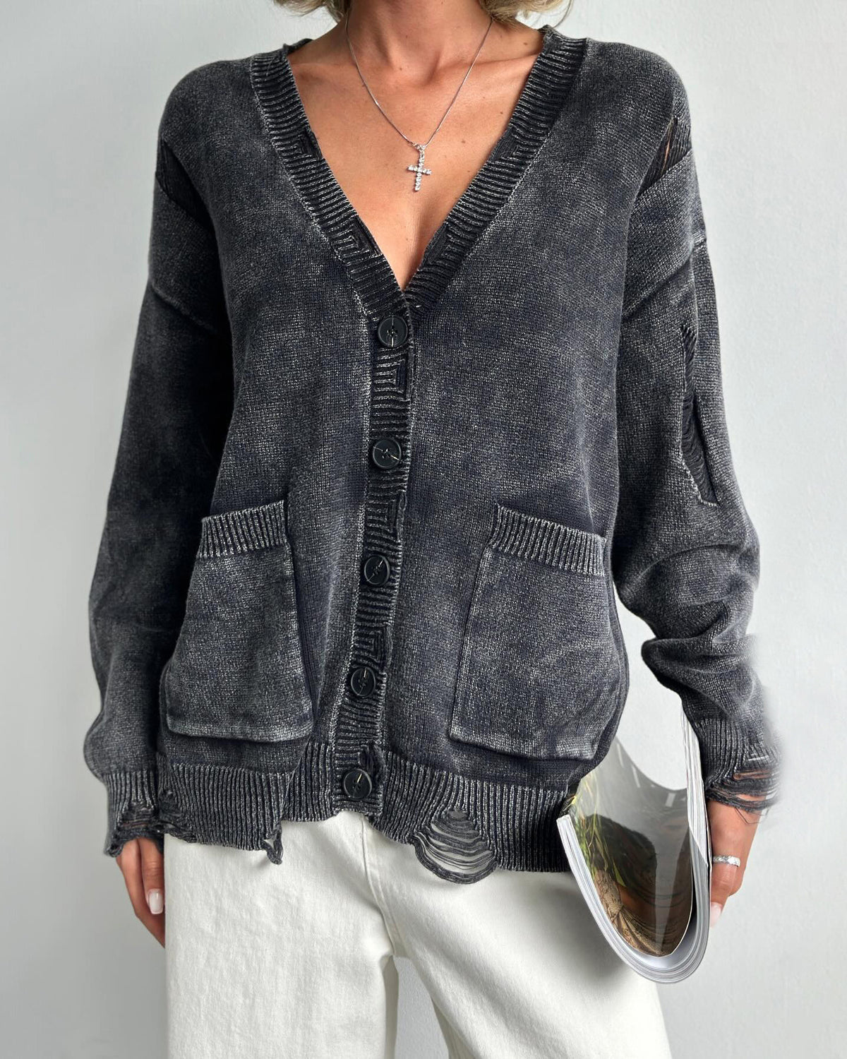 Cozy distressed deep V-neck single-breasted loose wool cardigan