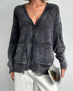 Cozy distressed deep V-neck single-breasted loose wool cardigan