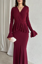 Solid color long-sleeved V-neck lace strappy hip Maxi dress