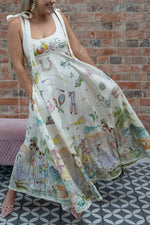 Tie-Drawn Linen Loose-Fit Print Dress