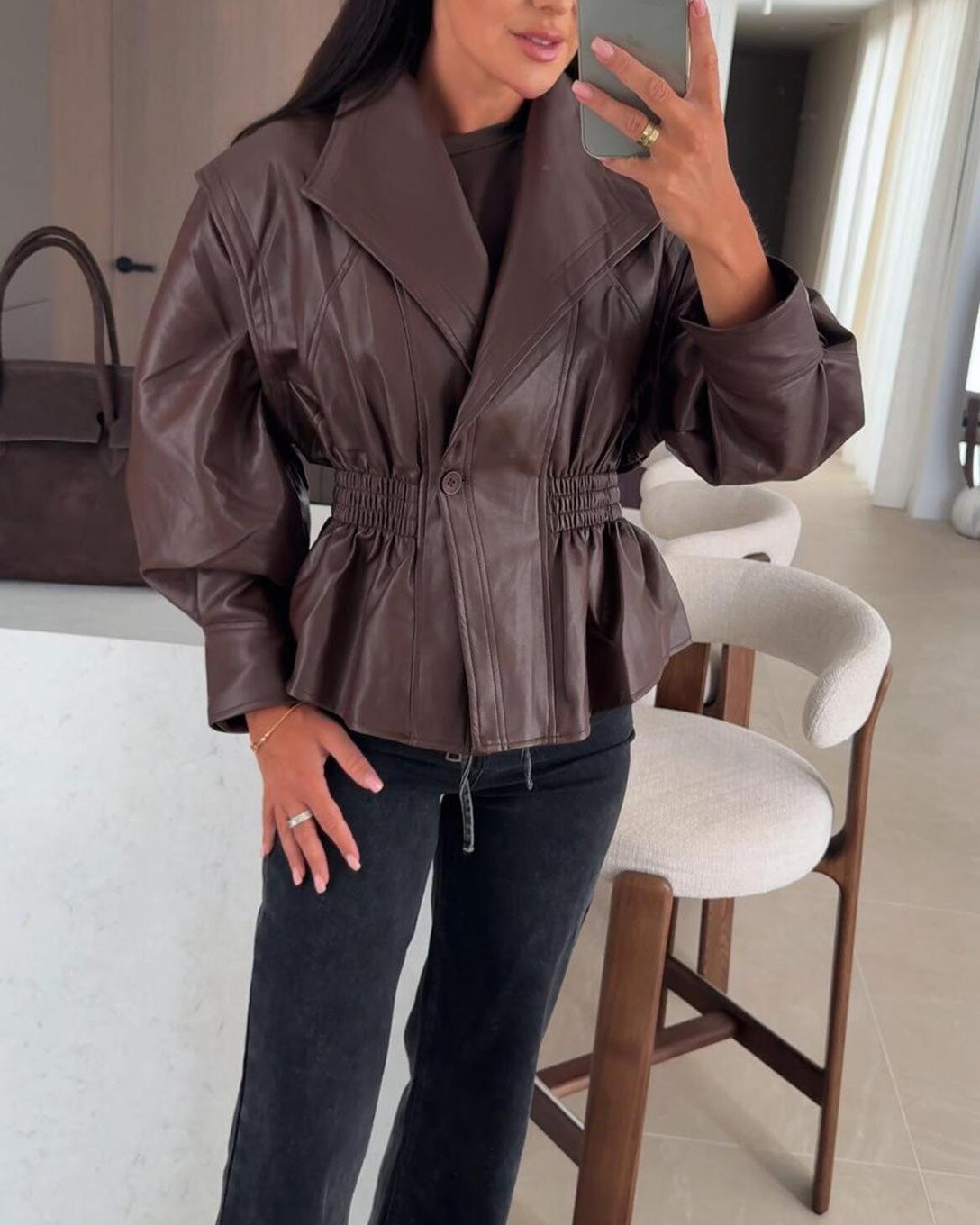 Classic lapel waist cropped PU jacket