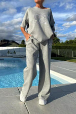 Rhinestone drop shoulder sleeve T-shirt wide-leg pants two-piece set