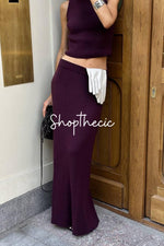 Sleeveless turtleneck knitted vest bodycon maxi skirt set