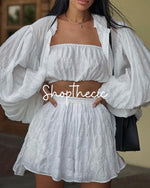 Pleated shirt tube top and high-waisted shorts three-piece set