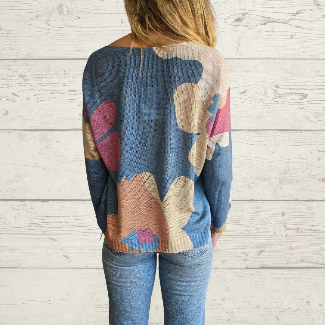 Round neck loose cropped pullover printed sweater top