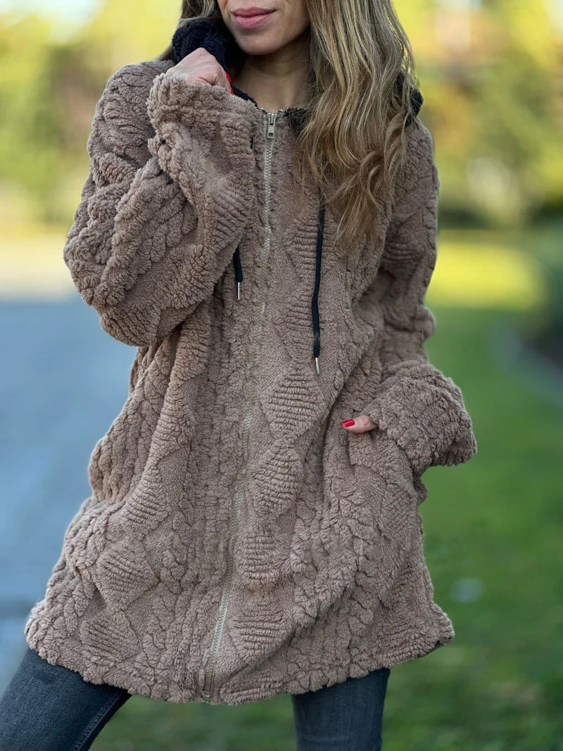 Mittellange Vintage-Strickjacke mit Kapuze und Reißverschluss