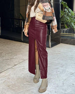Wine Red Faux Leather Long Split Midi Skirt