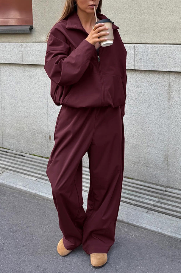 Vintage Burgundy Long-sleeved Lapel Trench Coat High-waist Slim-fit Trousers Set