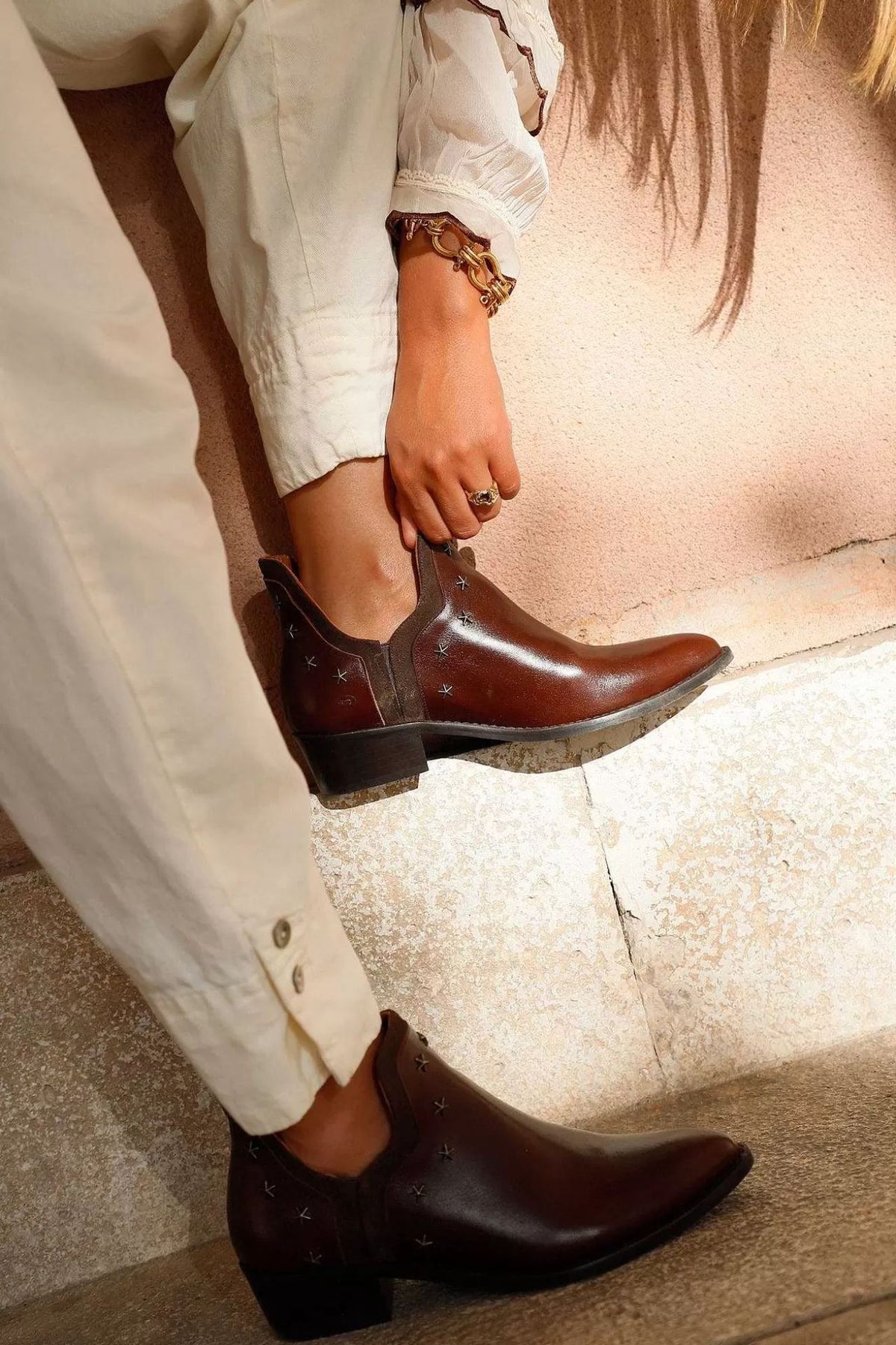 Metal five-star embellished low-heeled ankle boots