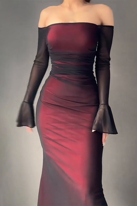 Burgundy long-sleeved tube-top hip-hugging slim dress