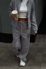 Embroidered zipper lapel sweatshirt and straight-leg trousers two-piece set
