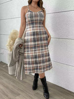 Long Knitted Jacket and Plaid Slip Dress Two-Piece Set