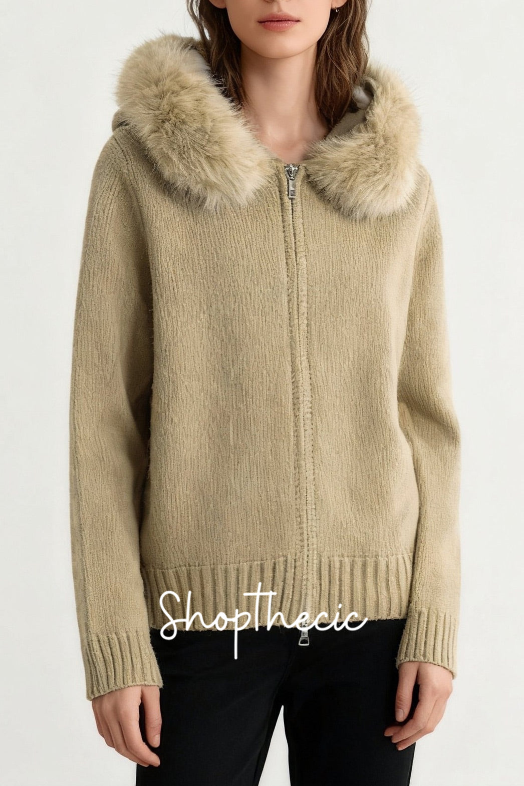 Khaki fuzzy dual-separating zipper hooded sweater cardigan