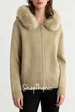 Khaki fuzzy dual-separating zipper hooded sweater cardigan