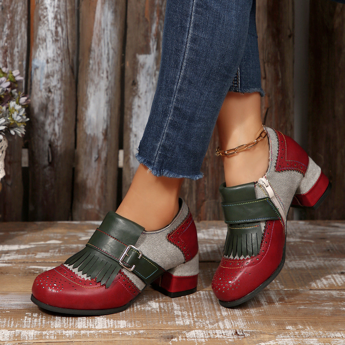 Retro contrast tassel side zipper brogues shoes