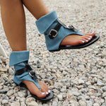 Denim belt buckle thong flat roman sandals