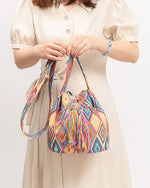 Sac seau en toile à franges imprimé bohème