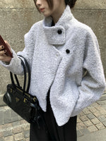Grayish-white relaxed style stand-up collar short wool coat