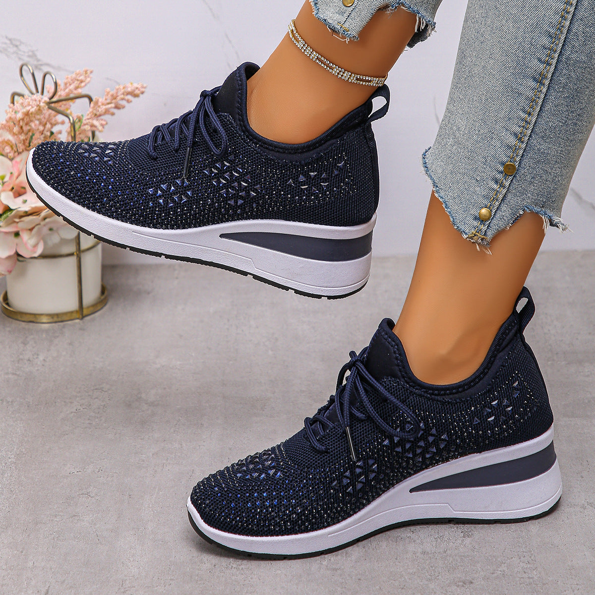 Rhinestones Woven Upper Hidden Heel lightweight walking shoes