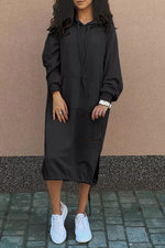 Large pockets tie-down hem hooded long sweatshirt dress