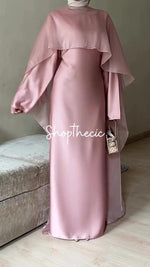 Elegant pink silk long dress with shawl