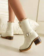 Two-way lace-up thick-heeled warm furry low boots