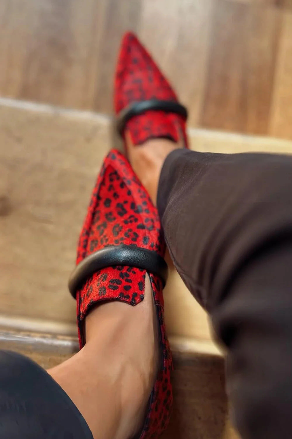 Red Leopard Pointed Toe Shallow Loafers