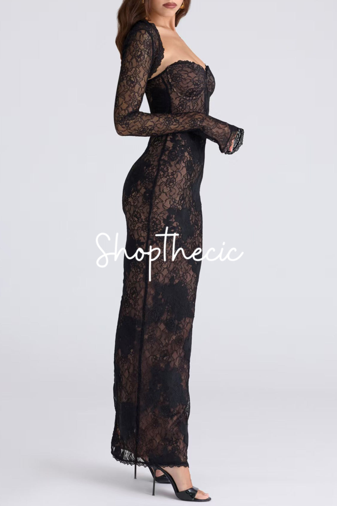 Hollow-out lace vest strapless bodycon long back slit dress two-piece set