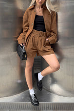 Vintage loose brown suede lapel jacket and shorts two-piece set
