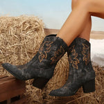 Western cowboy pointed toe slip-on chunky heel ankle boots
