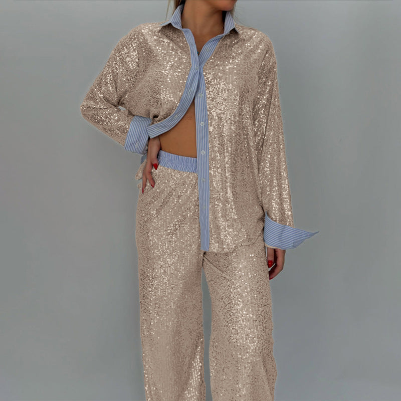 Loose casual sequined suit jacket and wide-leg pants two-piece suit
