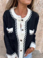 Black and white contrast long-sleeved pocket button knitted jacket