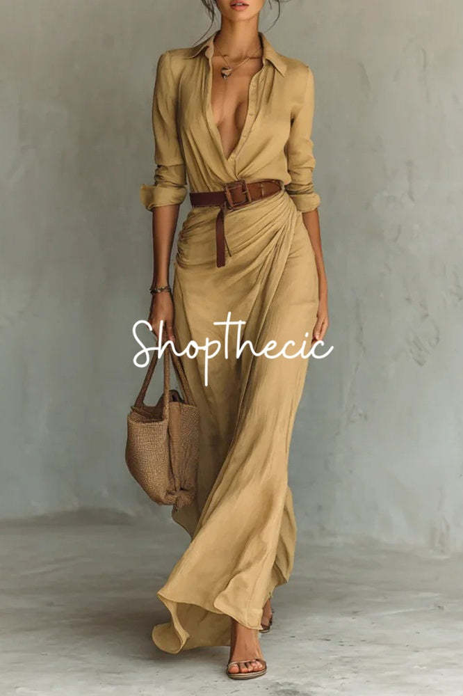 Elegant V-neck irregular pleated shirt dress