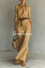 Elegant V-neck irregular pleated shirt dress