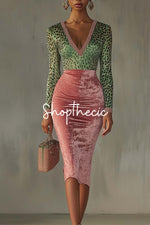 Leopard patchwork pink V-neck gold velvet stretch high-waisted dress