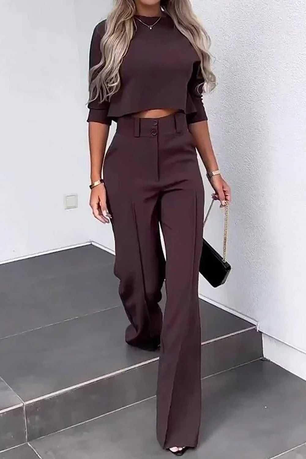 Mid-Sleeve Pullover Wide-Leg Pants Business Casual Outfits Set