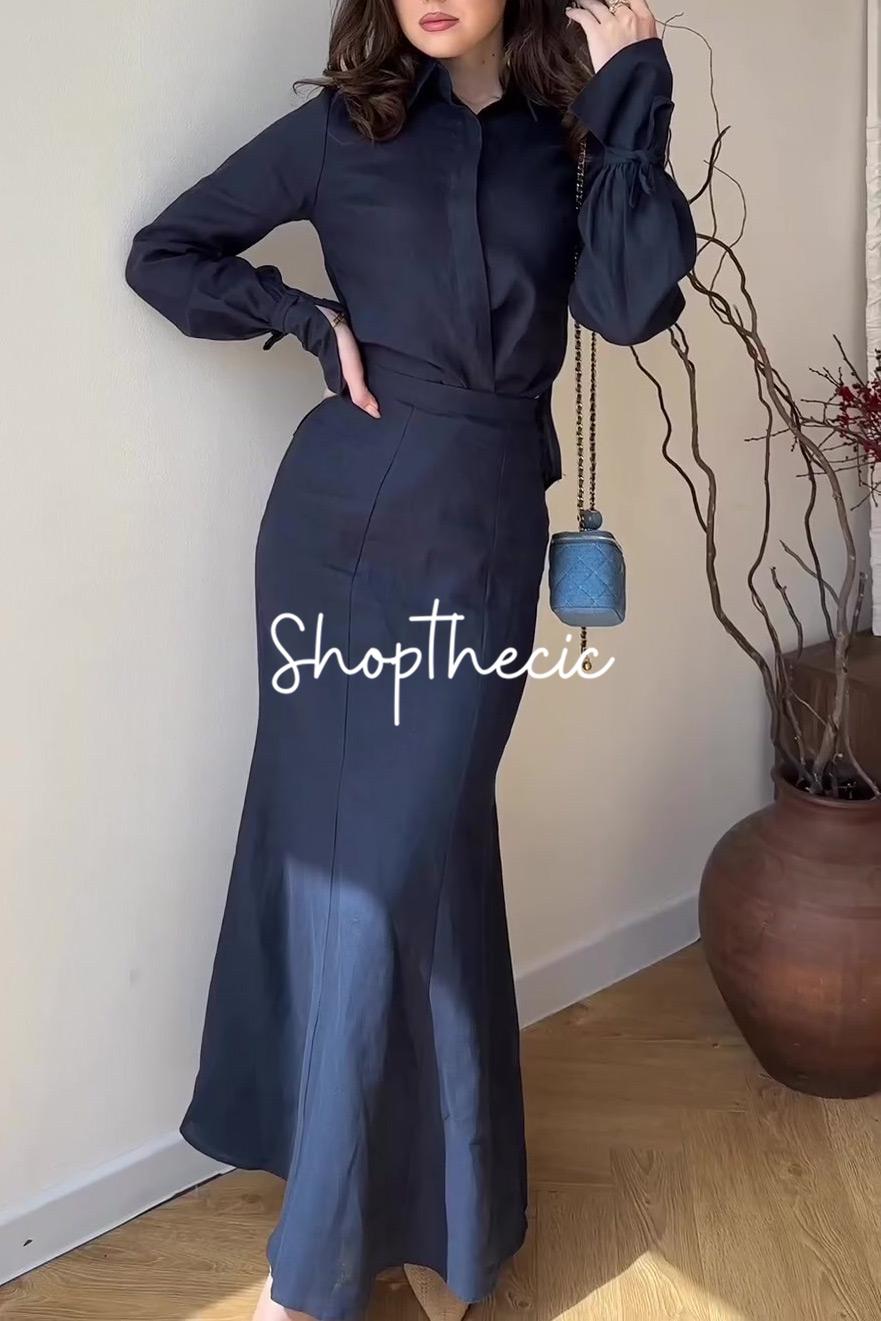 Commuter-style cotton linen shirt and skirt two-piece set