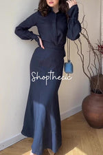 Commuter-style cotton linen shirt and skirt two-piece set