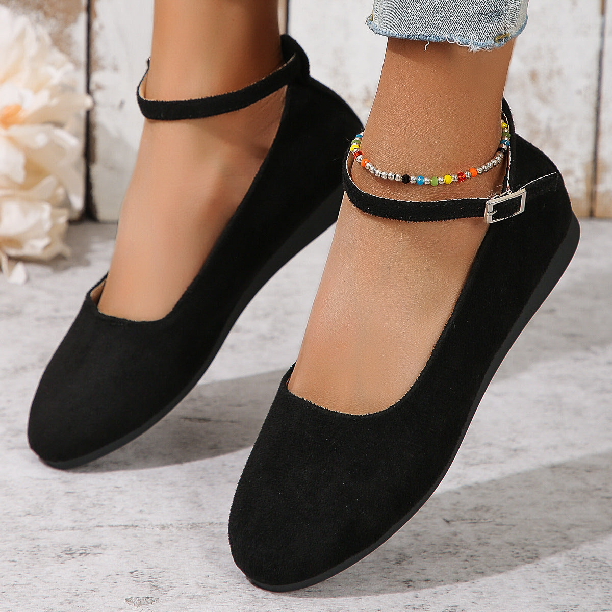 Velvet Solid Color One-Strap Shallow Mouth Flat Shoes