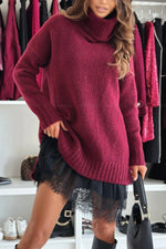 High-neck knit sweater lace-hemmed vest dress two-piece set