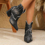 Distressed frayed denim chunky heel ankle boots